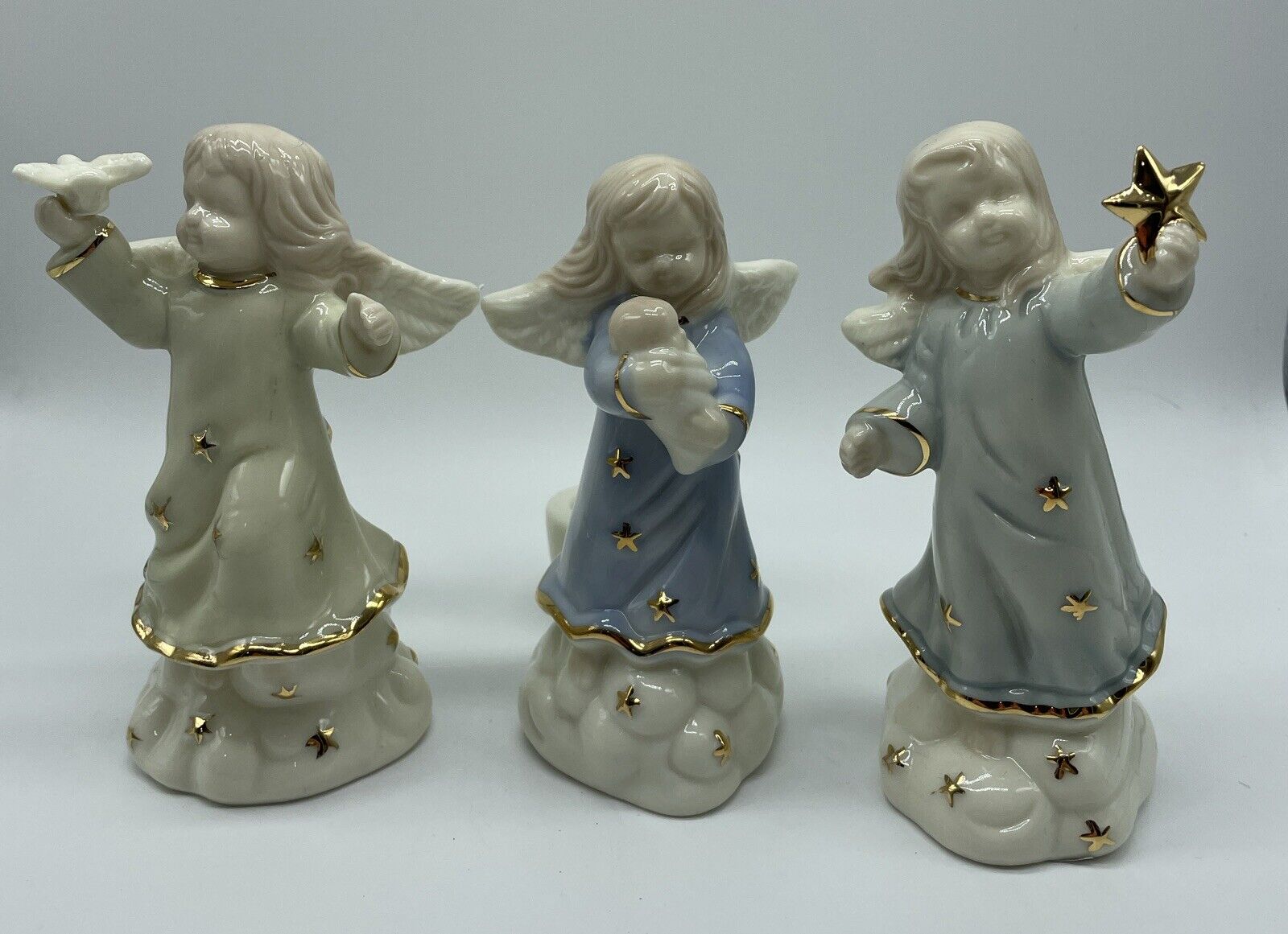 Set of 3 Porcelain Christmas Angel Candle Holders Pastel 24K Gold Star Dove Baby