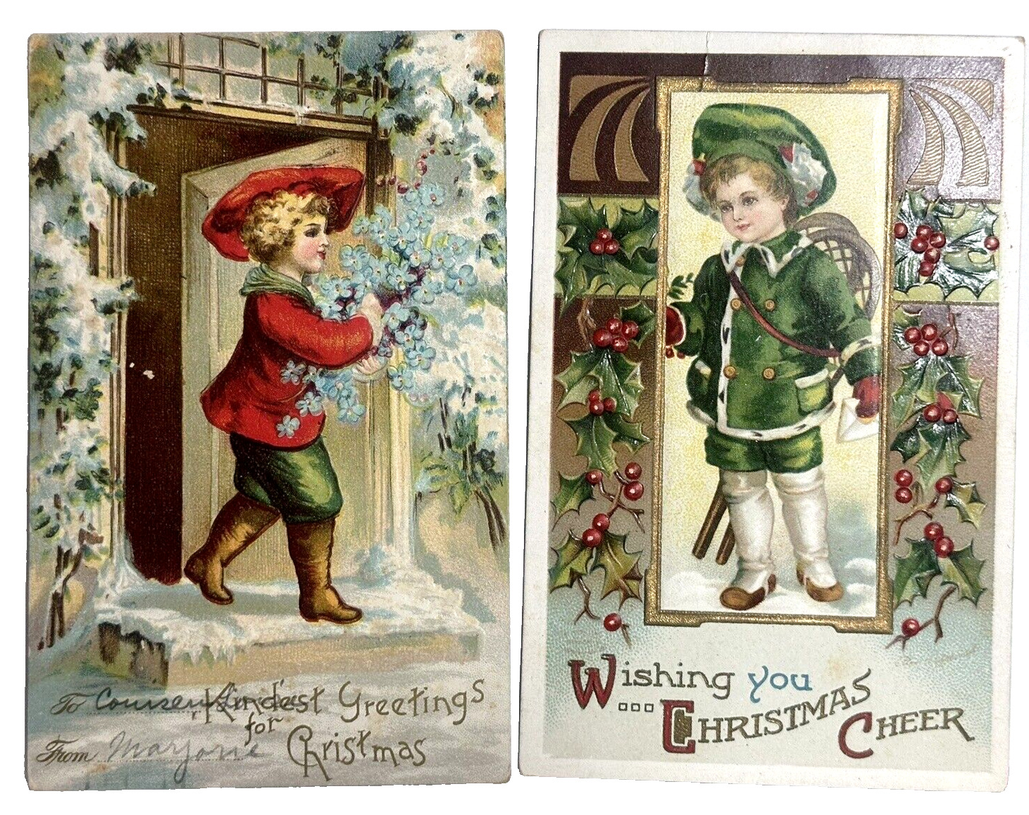 Clapsaddle Christmas Postcard Boys Snowshoes Forget- Me- Nots Snowy Steps Lot 2