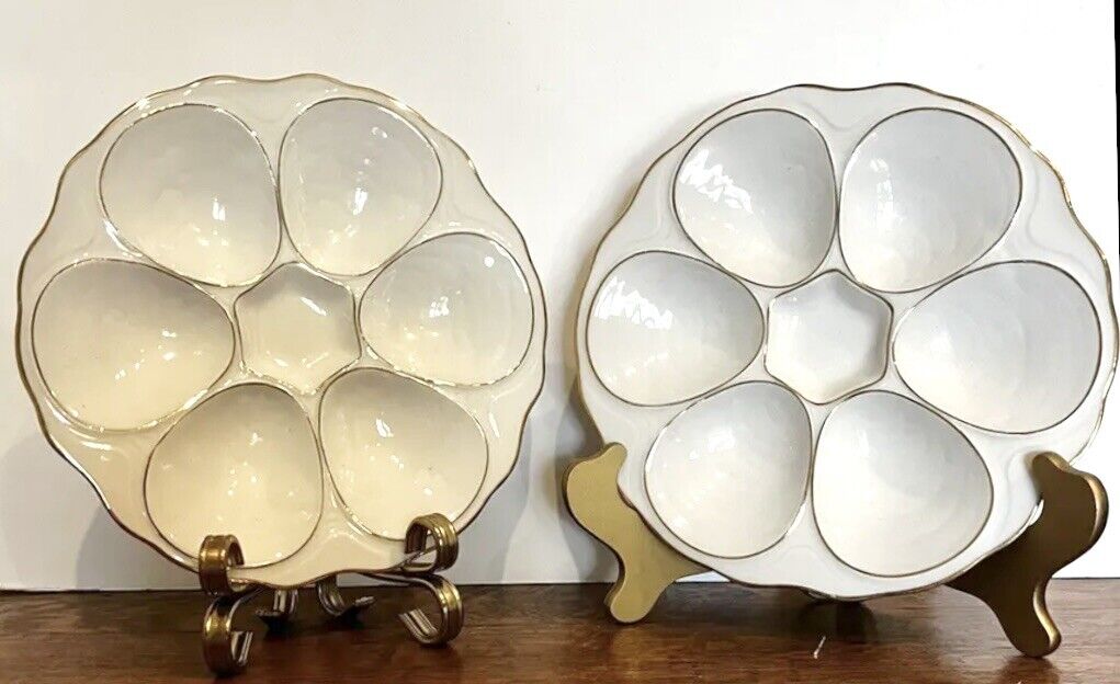 Majolica Oyster Plate(s) White Gold Trim 5 Wells Limoges  Set Of 2 Antique