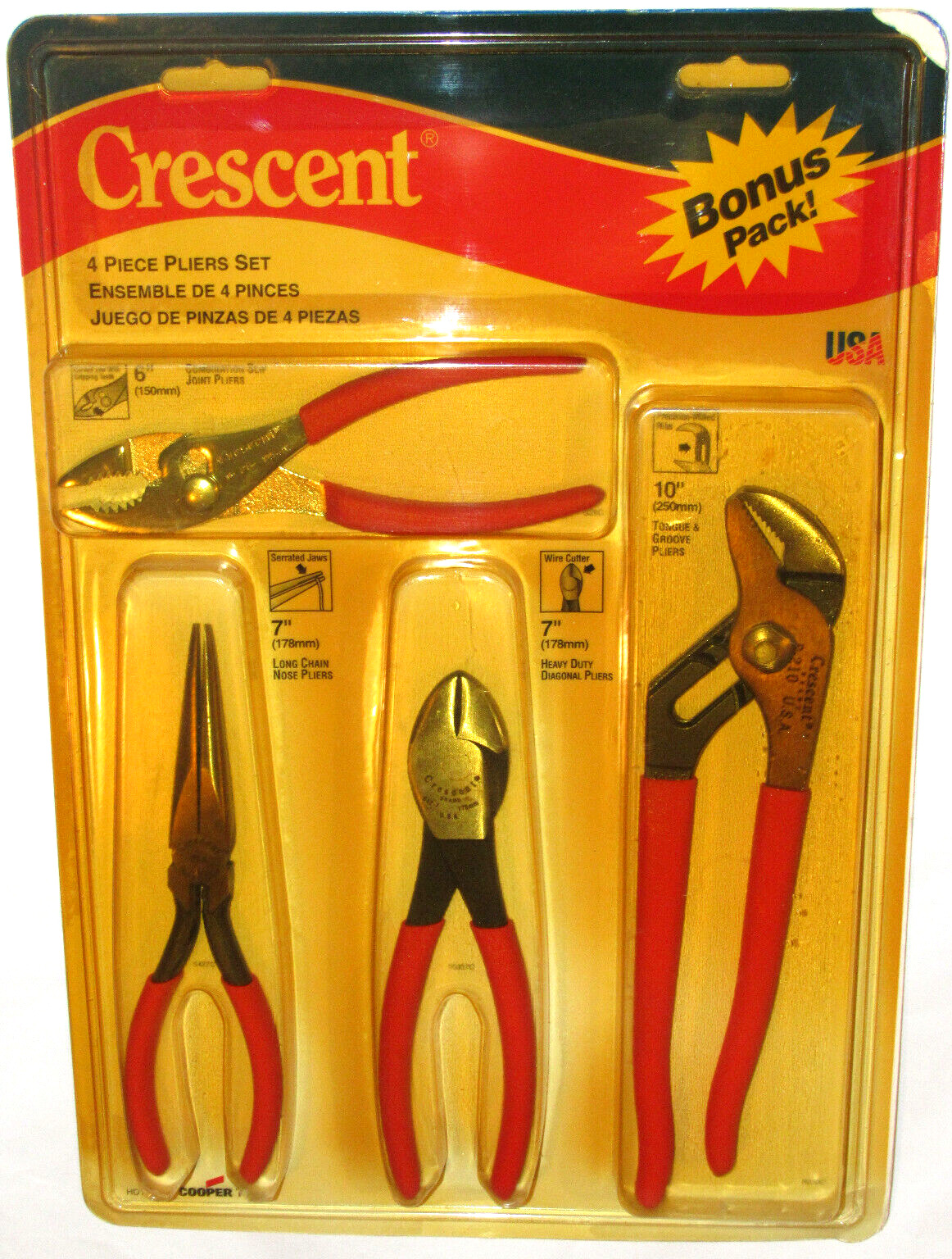 UNUSED 1990s CRESCENT 4 PC PLIERS SET TONGUE&GROOVE/SLIP JOINT/LG NOSE/DIAG USA
