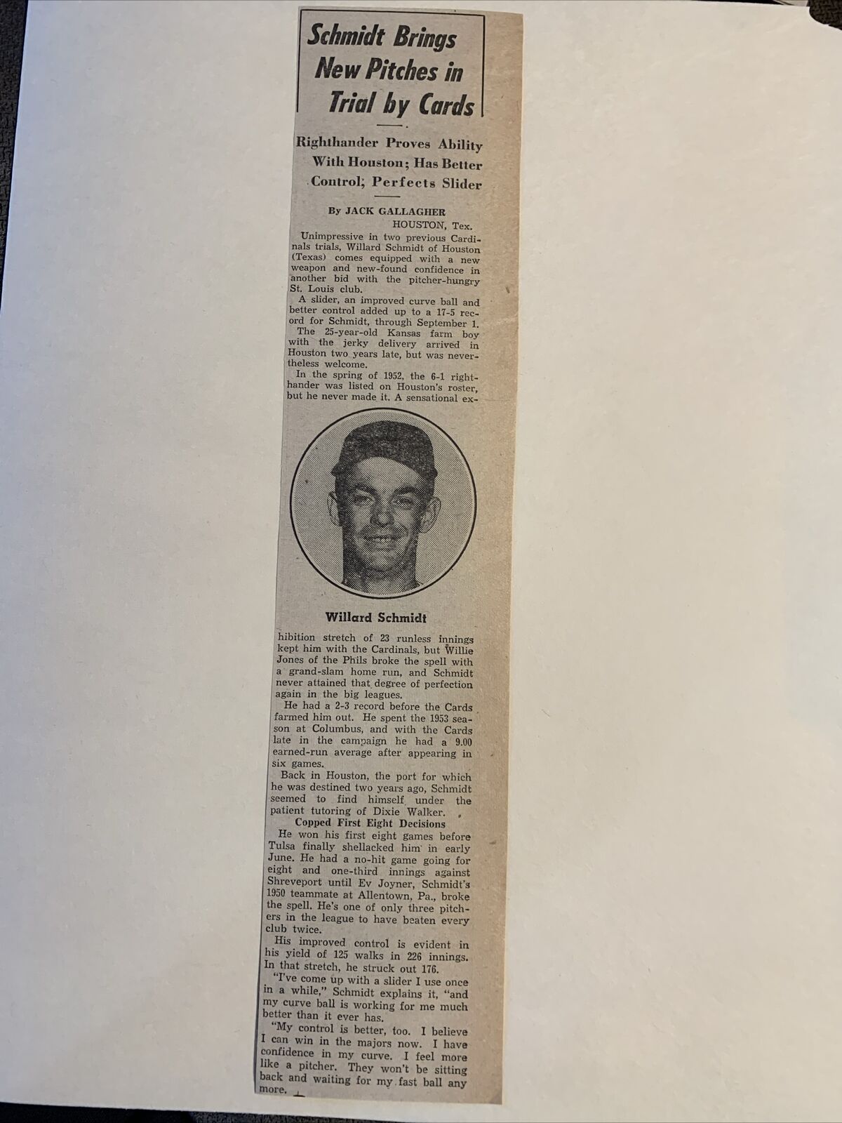 Willard Schmidt Houston Buffaloes 1954 Sporting News Baseball 2X11 Panel