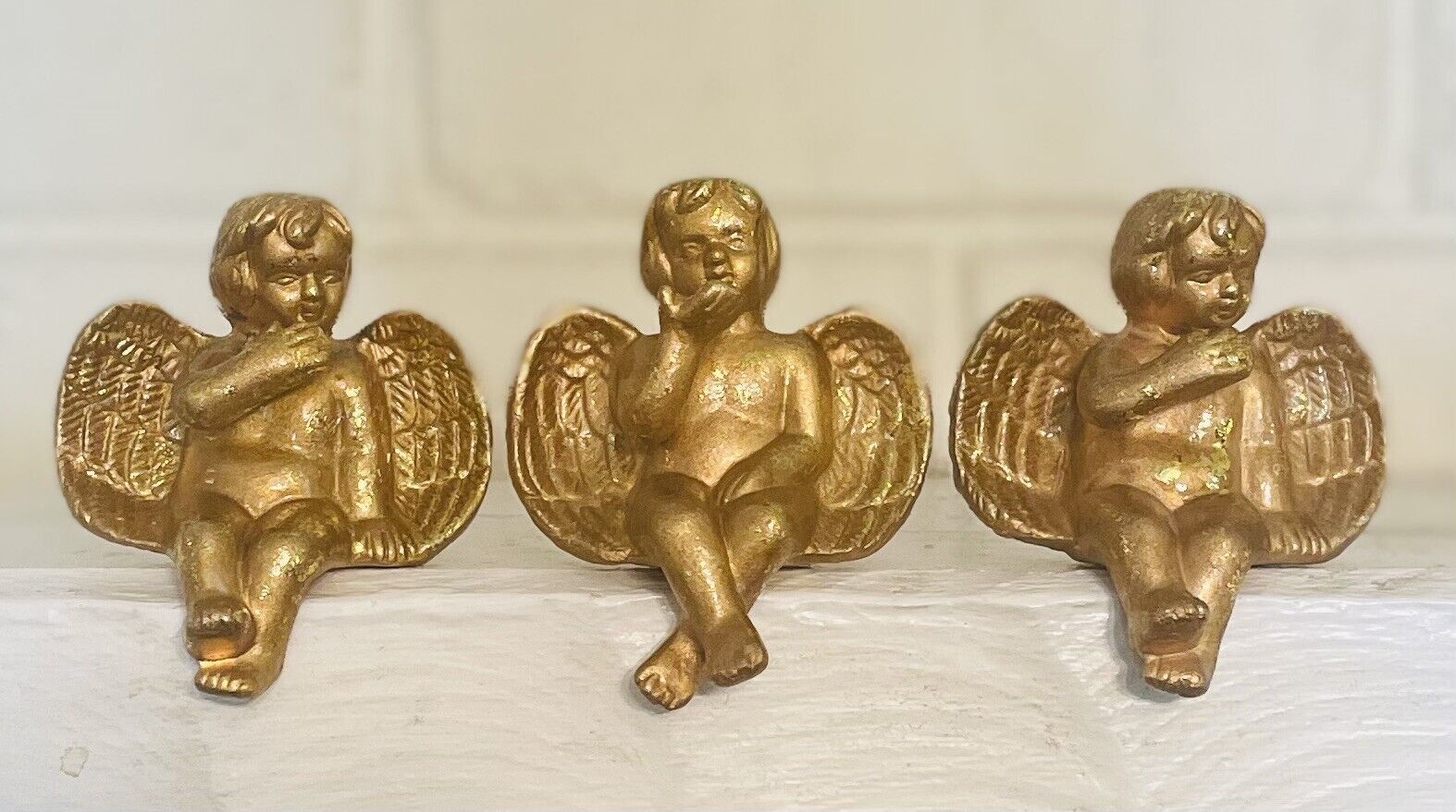 Lot 3 Shelf Sitter Angel Set Gold Ceramic Wings Home Decor Cherub Vintage