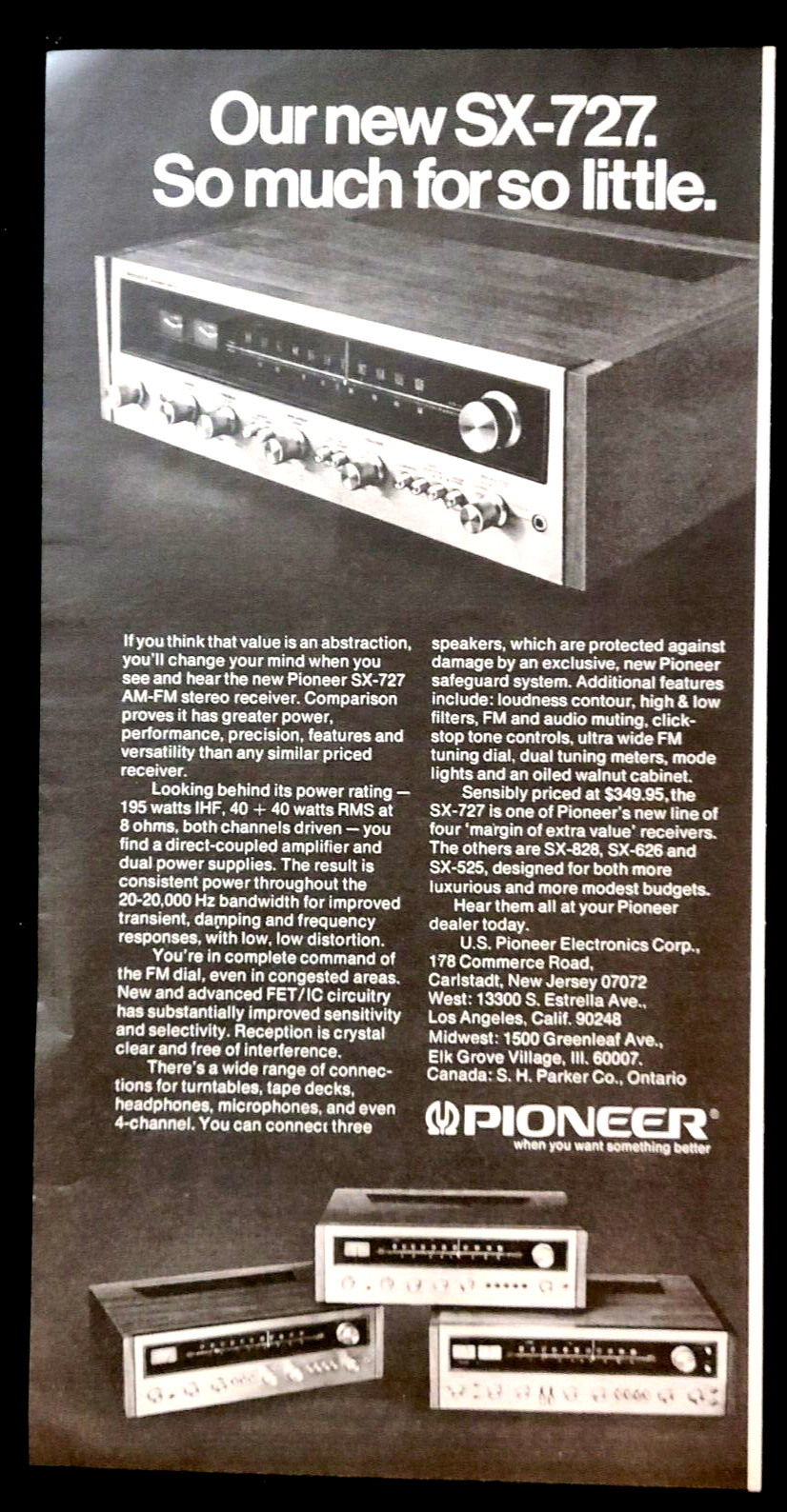 Pioneer SX-727 Stereo Receiver Original 1972 Vintage Print Ad