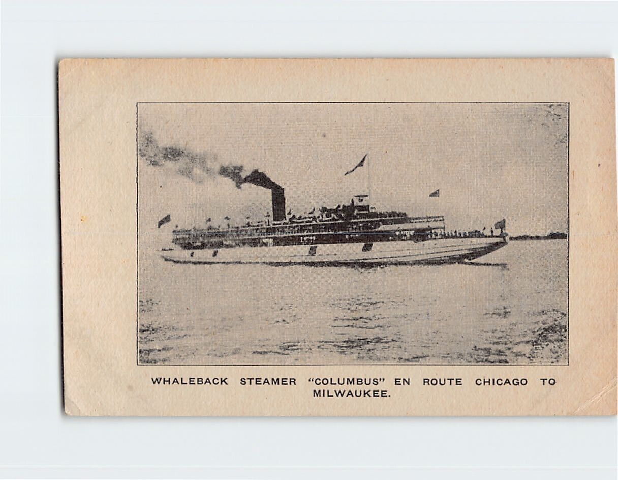 Postcard Whaleback Steamer Columbus En Route Chicago to Milwaukee USA