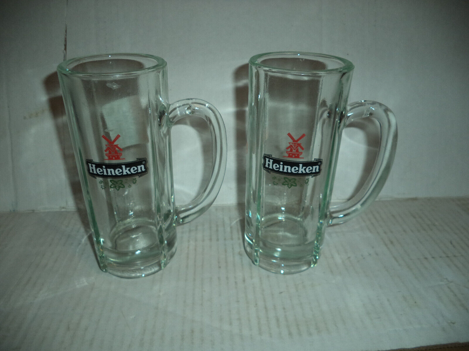 Lot of 2 Heineken Beer Stein Mugs / Thick Clear Glass / Holland Windmill 6.5in