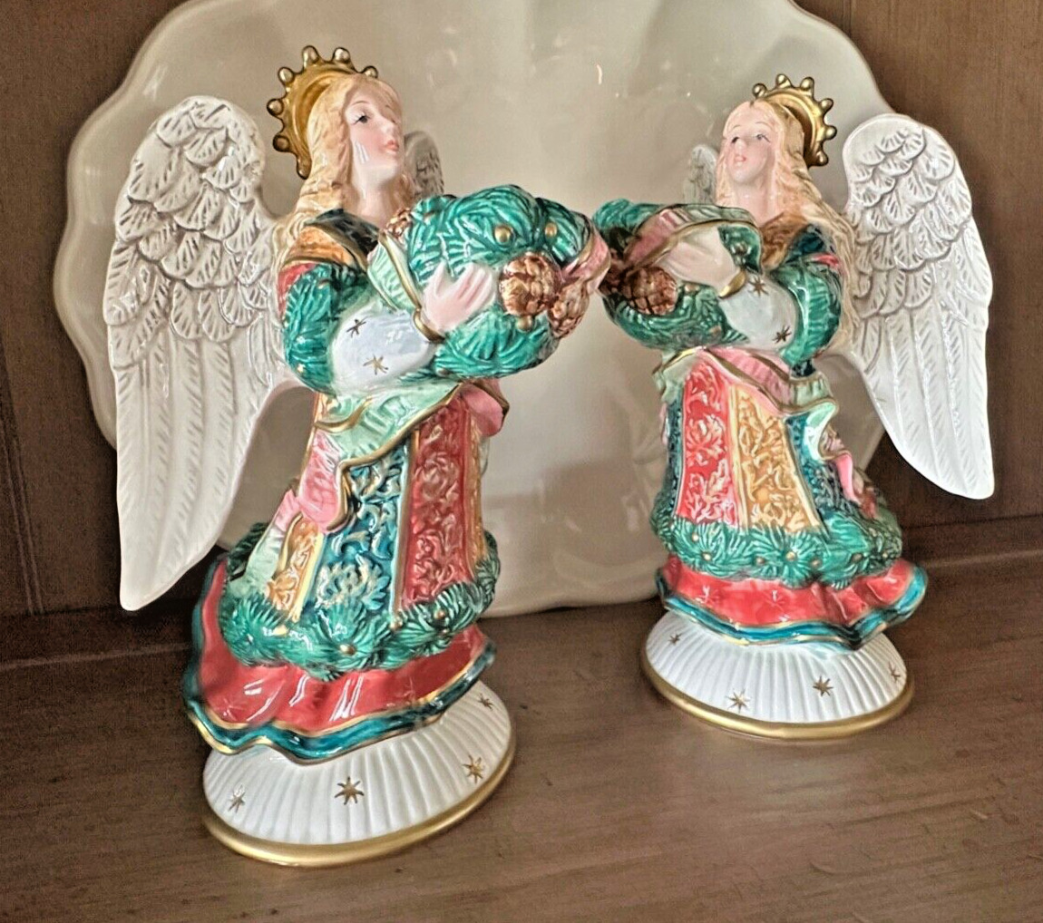 FITZ & FLOYD Vintage Retro Christmas Angels Candleholders 1995 (Set of 2)