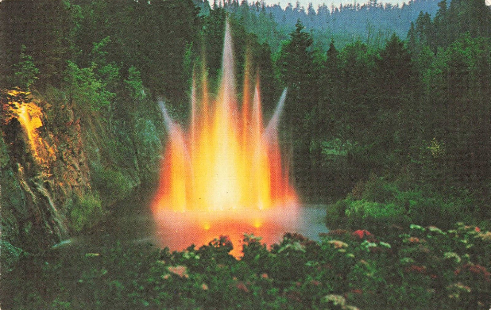 Victoria BC Canada, Butchart Gardens Colorful Fountain at Night Vintage Postcard