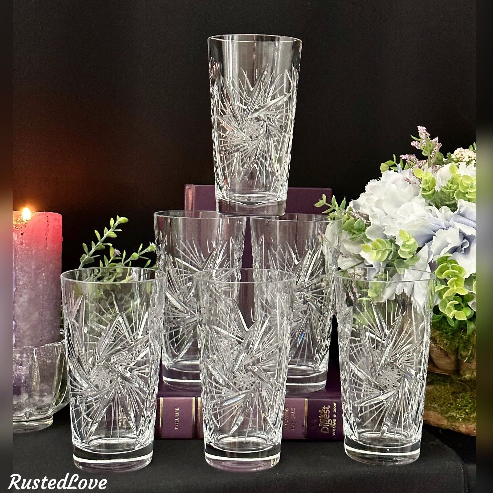 Bohemian Styled Highball Glasses Cut Crystal Clear Barware Glassware Set of 6 *