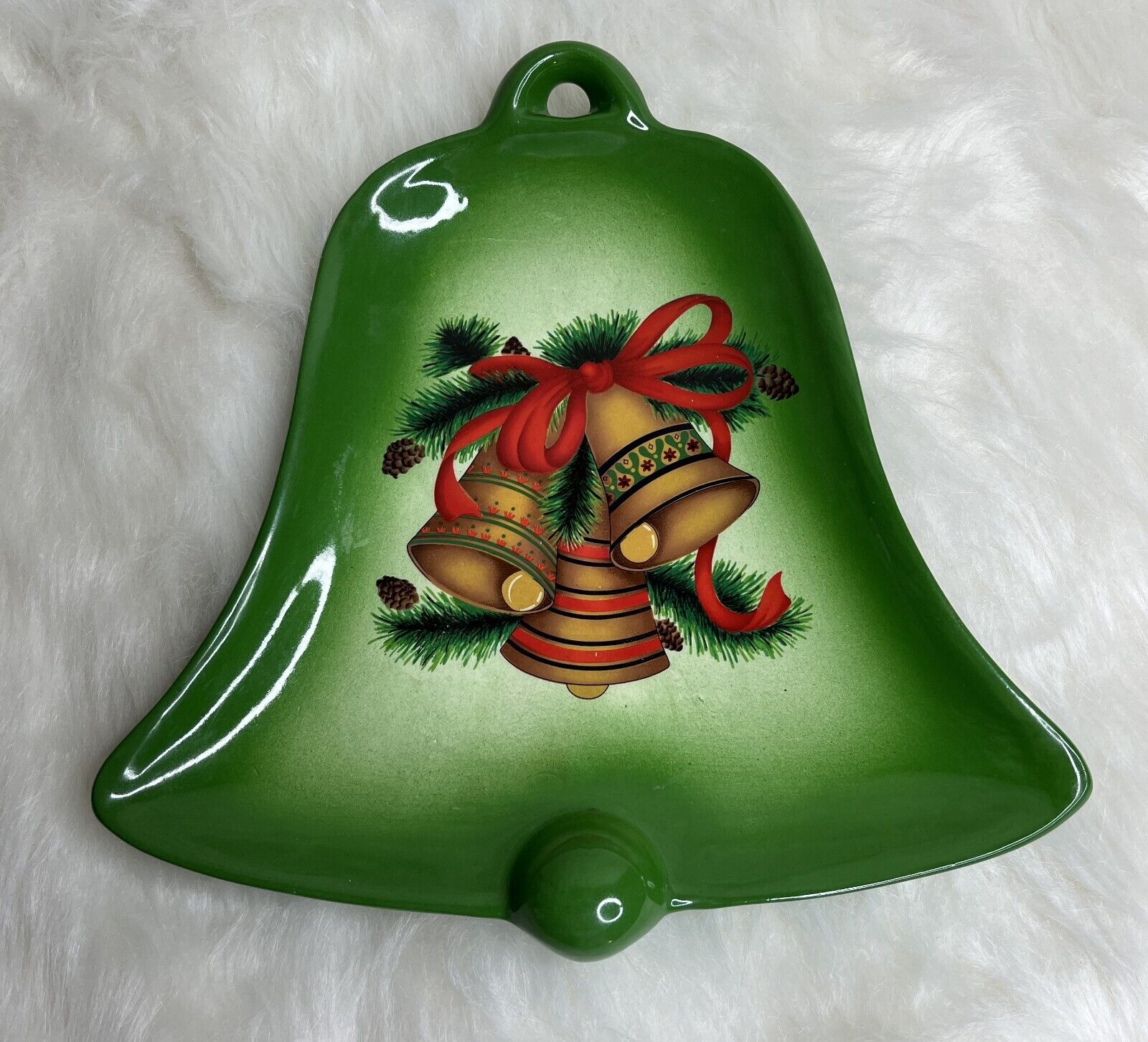 Vintage Christmas Bell Serving Tray Cookie Platter Signed 1986 Green 