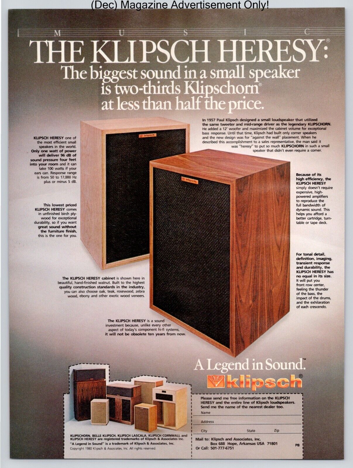 Klipsch Heresy Speakers Promo Vintage 1980 Full Page Print Ad