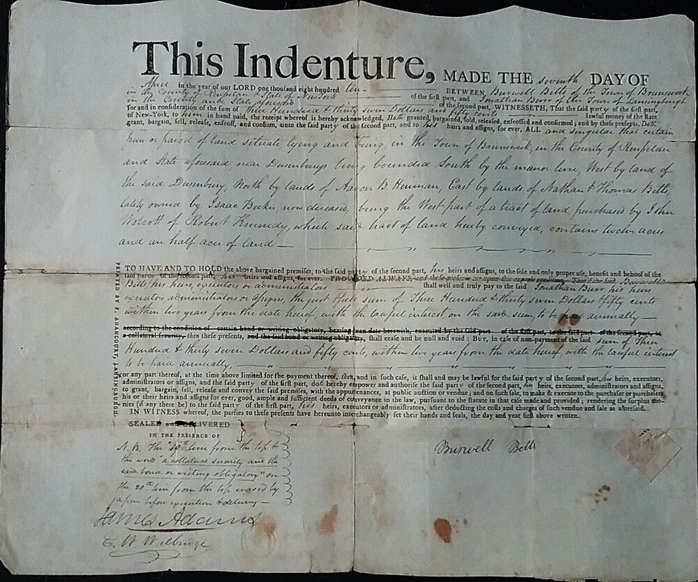Original Indenture, April 7, 1811, Burwell Betts to Jonathan Burr Brunswick, NY