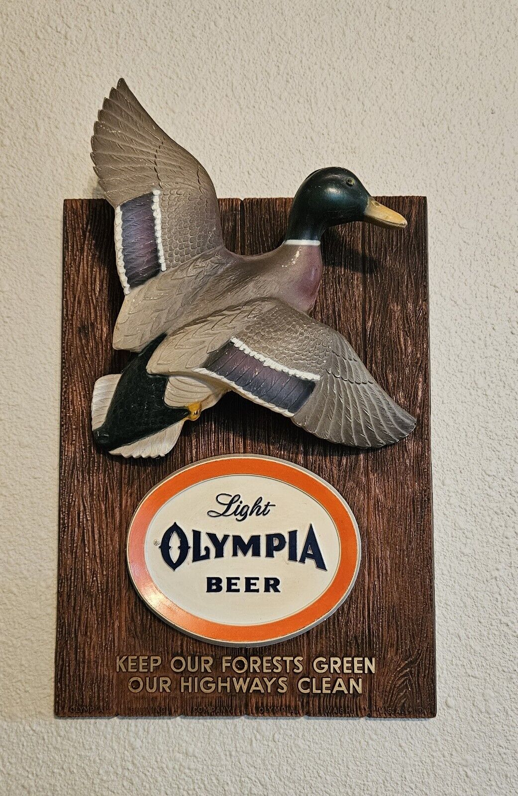 Vintage 1963 Olympia Light Beer Mallard Duck Wildlife Bar Sign Plaque. Rare Find