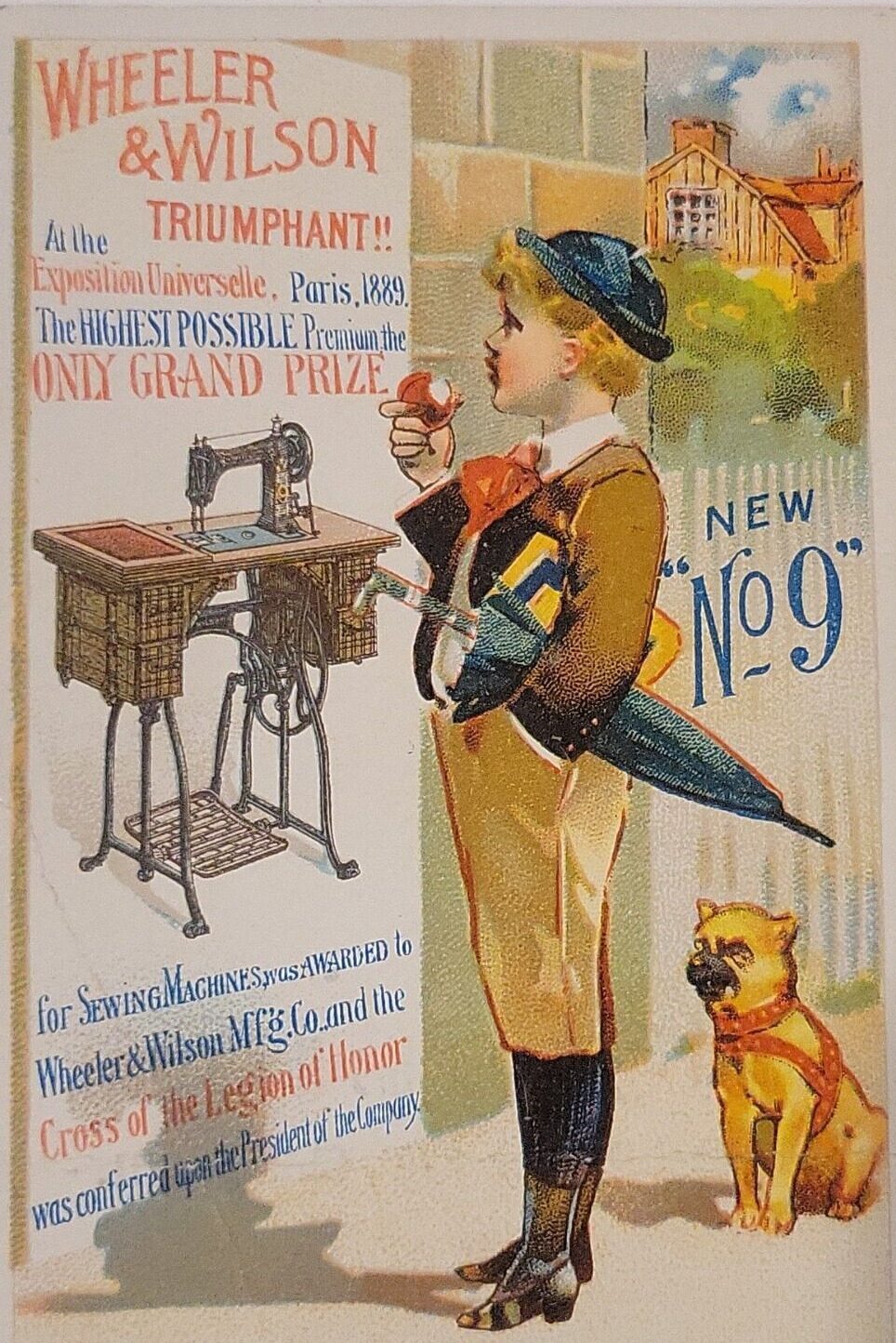 Wheeler & Wilson Victorian Trade Card 1889 No 9 Paris world\'s Fair Boy Boxer Dog