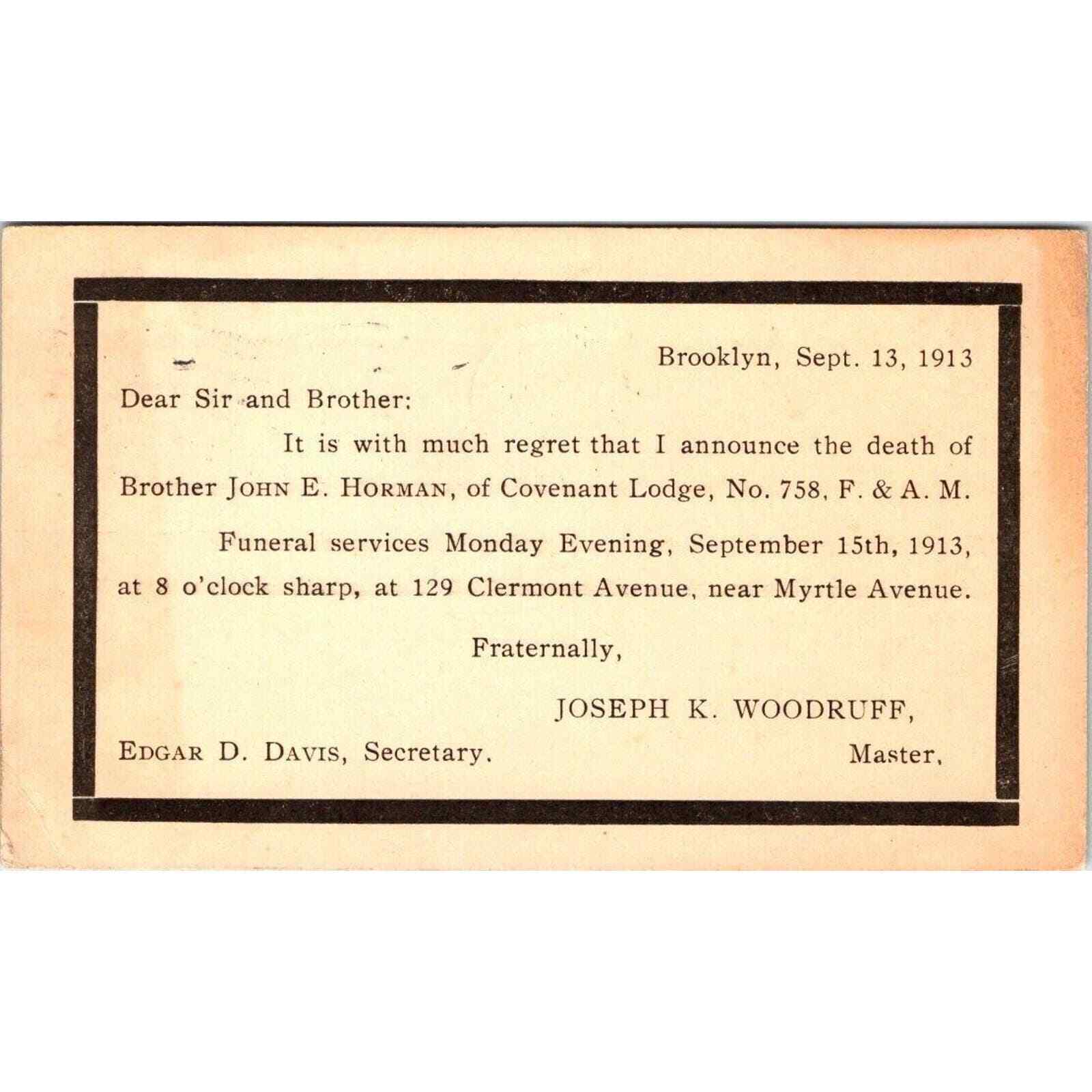 Vintage Postal Card Member Death Notice Covenant Lodge Brooklyn New York 1913