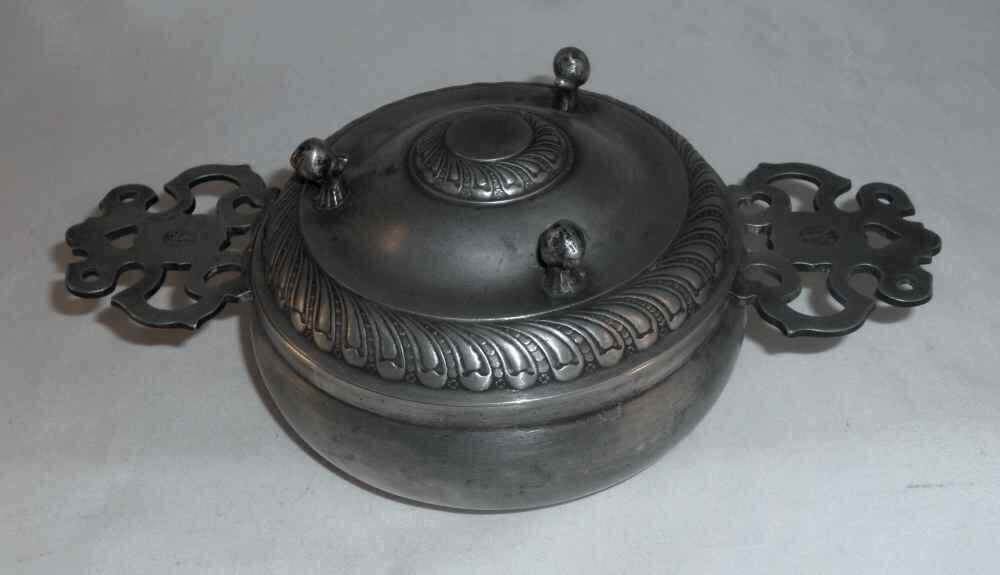 Antique German Pewter Two-Handled Lidded Porringer with Two-Eared Tabs Ca 1750s
