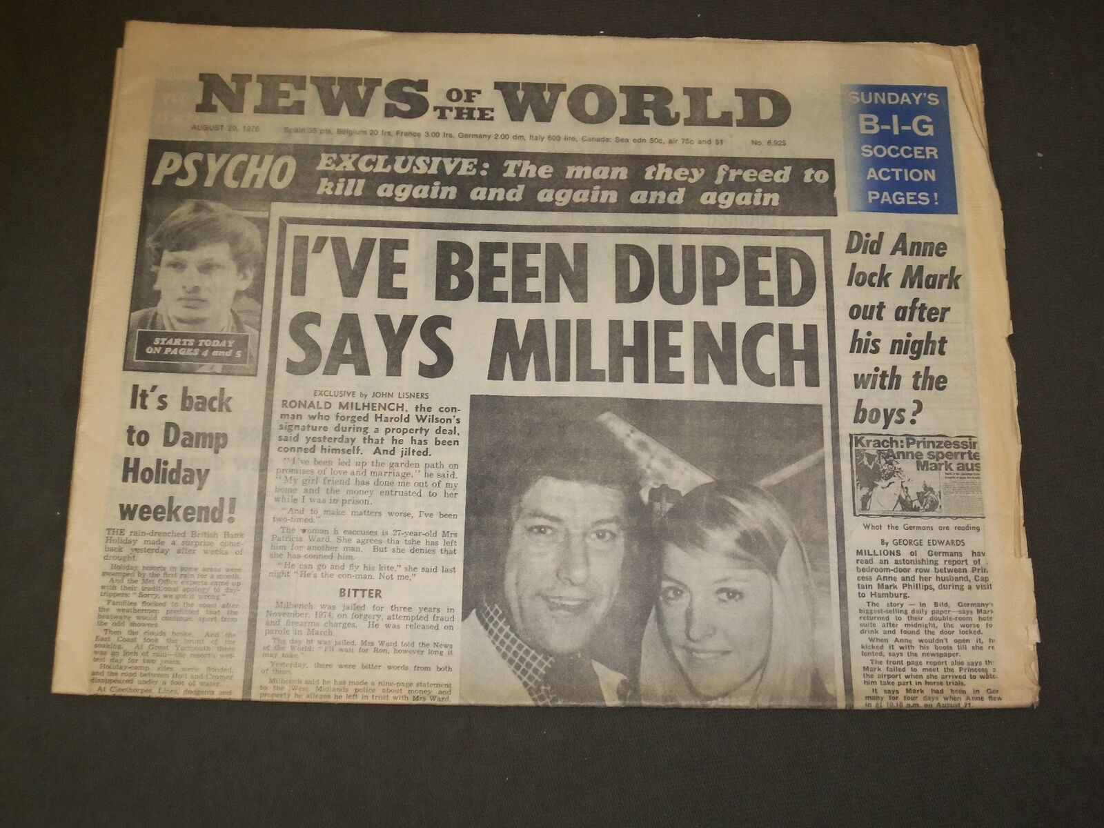 1976 AUGUST 29 NEWS OF THE WORLD (ENGLAND) NEWSPAPER - MILHENCH DUPED - NP 3290