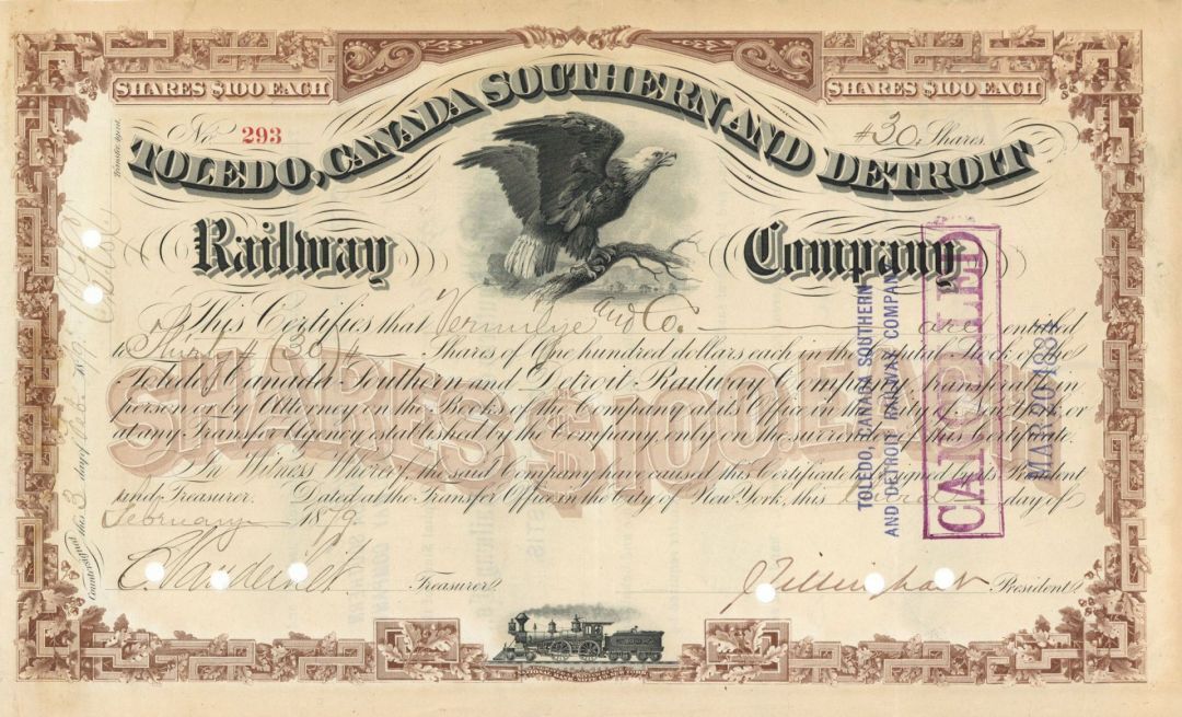 Toledo, Canada Southern and Detroit Railway Co. signed by Cornelius Vanderbilt (