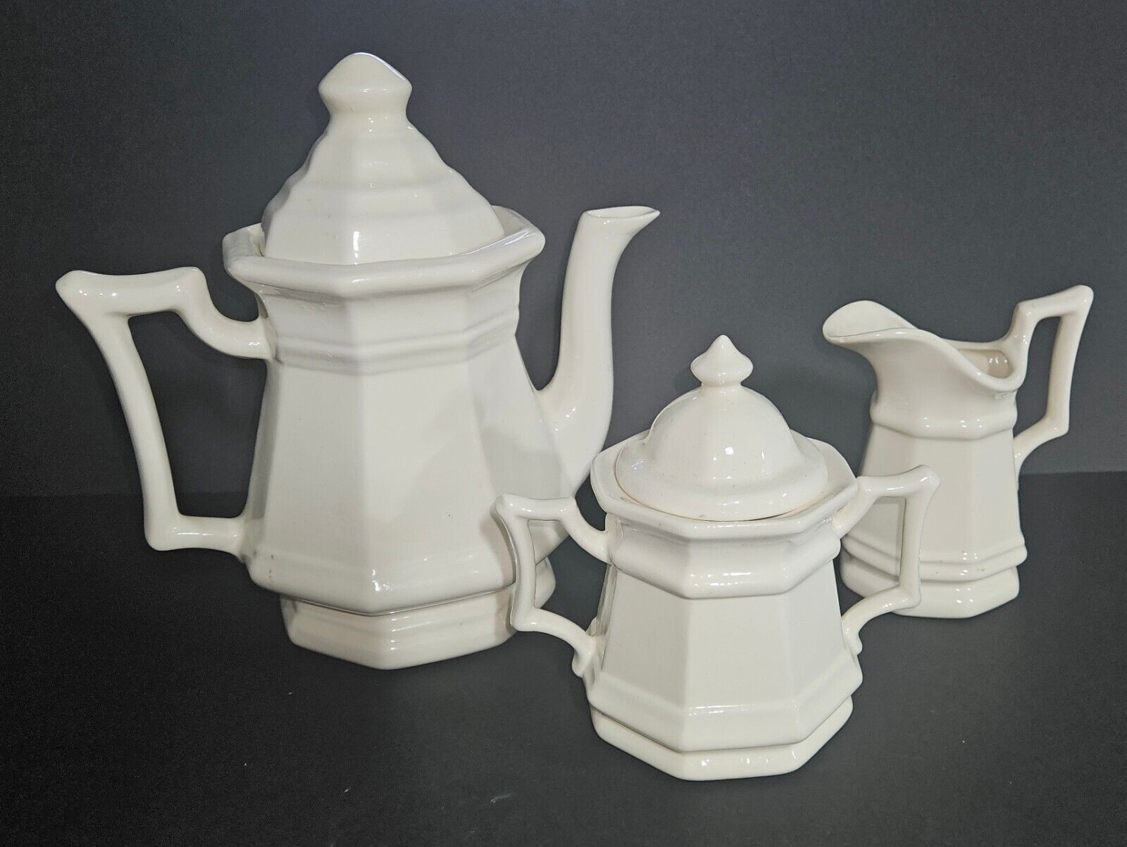 1978 White Vintage Teapot Sugar Creamer Handmade Octagon Tea Coffee Set