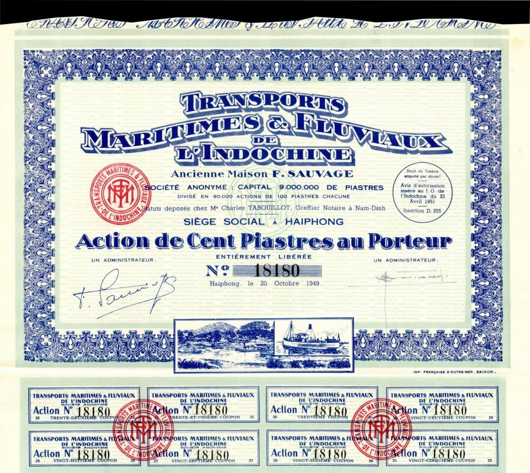 Transports Maritimes and Fluviaux de L\'Indochine - Stock Certificate - Foreign S