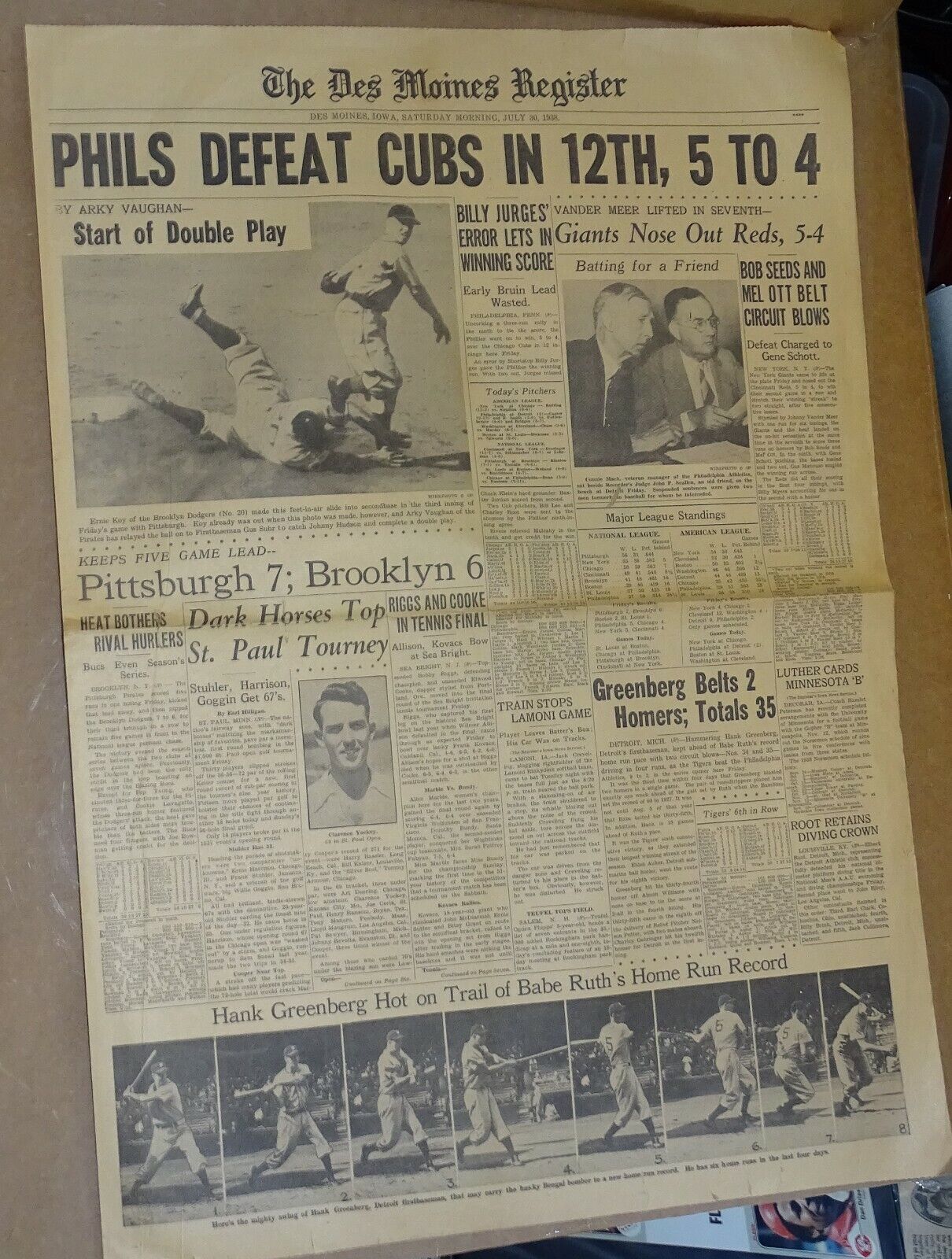 Hank Greenberg Chases Babe Ruth's HR Record 1938 Des Moines Iowa Sports Section