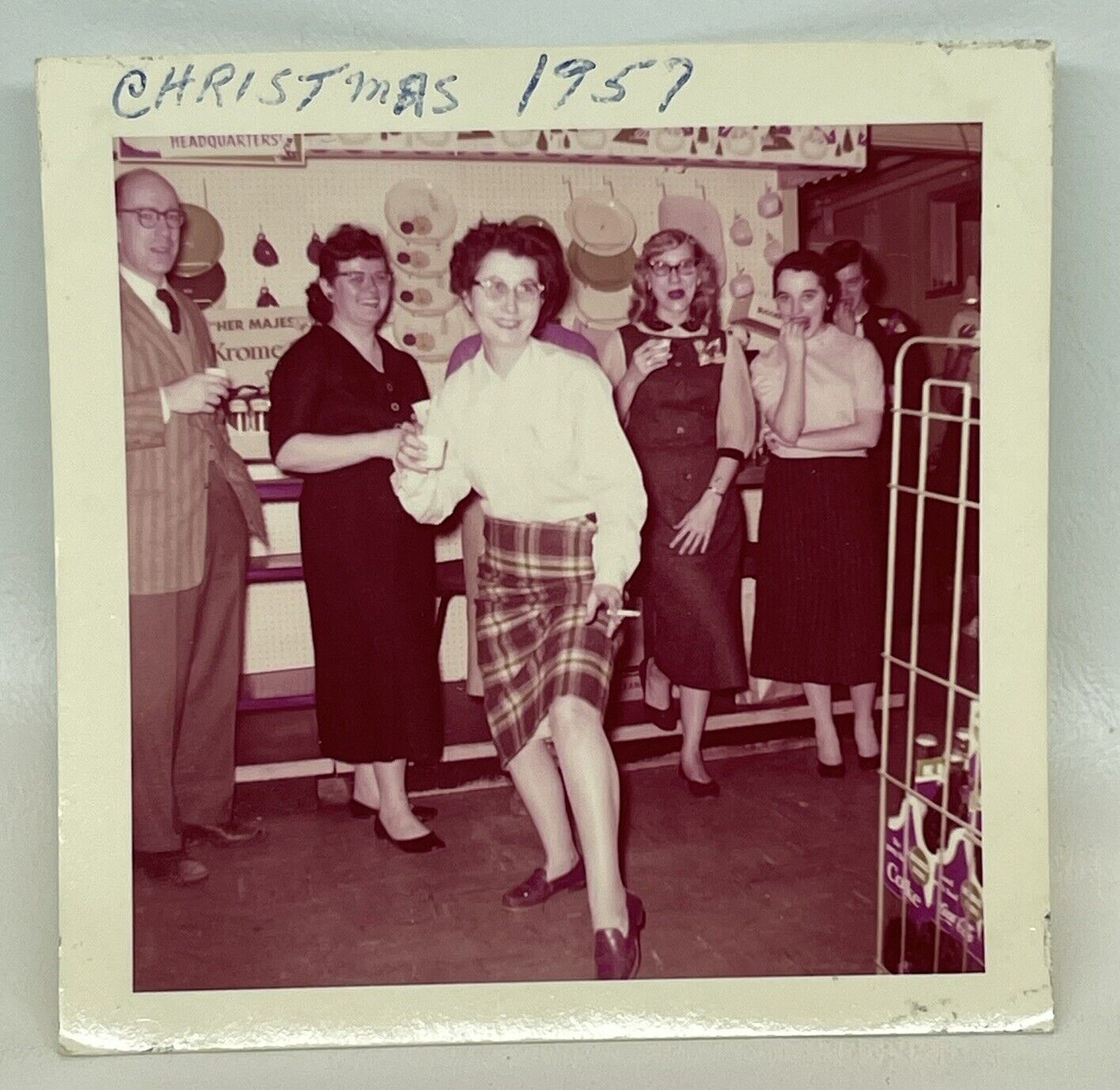 Vtg 1950s Photo Woman Showing Leg Holding Cigarette Wild Christmas Party