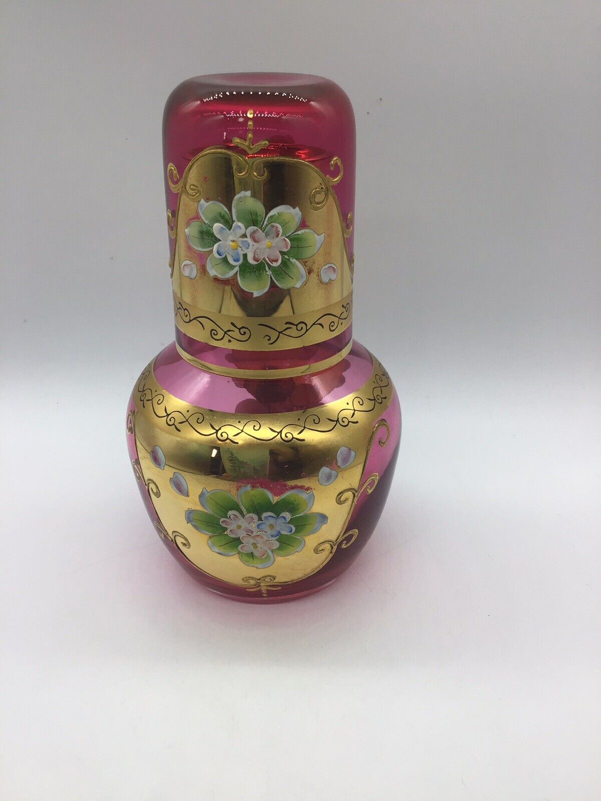Vintage Moser Bohemian Decor Gold Enamel/Cranberry Glass Tumble- Up Carafe & Cup