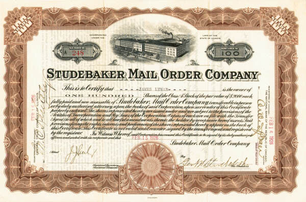 George W. Studebaker - Studebaker Mail Order Co - Stock Certificate - Automotive
