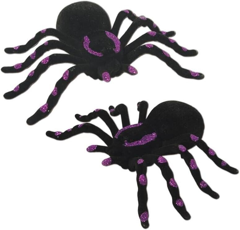 2pc-SET Flocked Glitter GIANT BLACK TARANTULA SPIDERS Halloween Prop Decorations