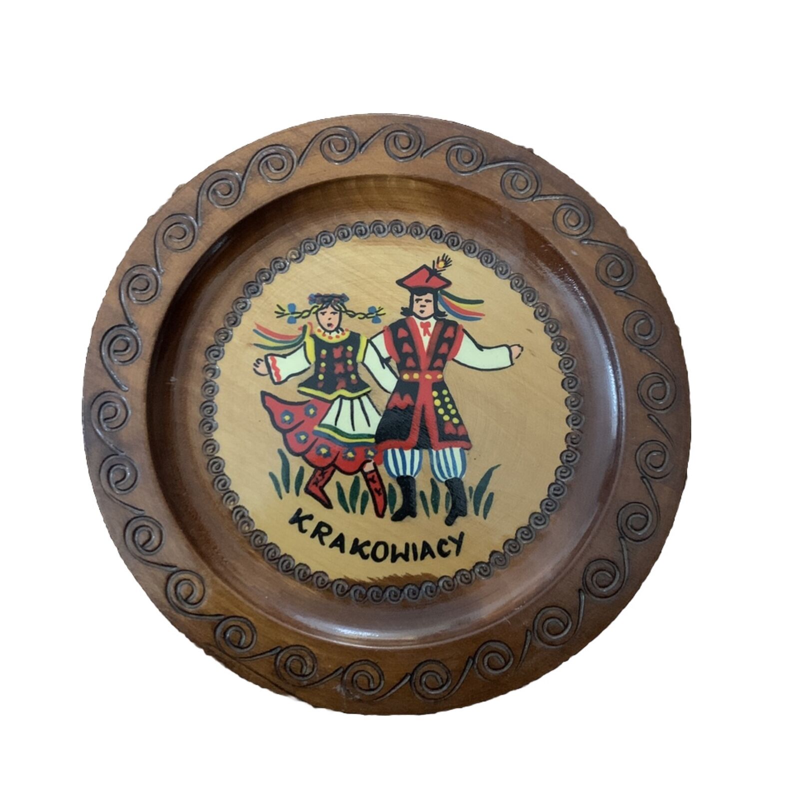 Vintage Dutch hand painted Collectible wood wall hanging plate. folk dancers.