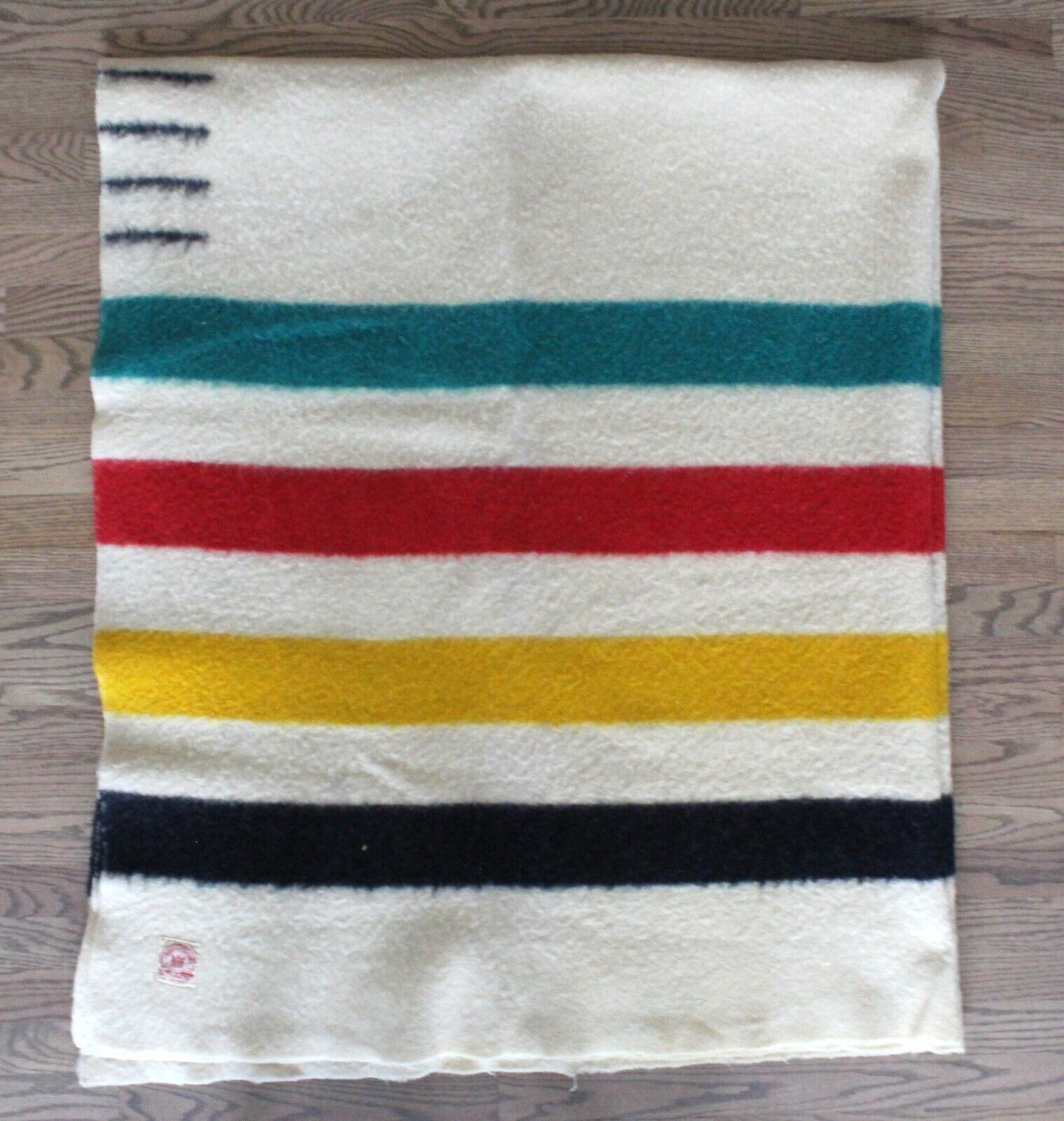 Vintage Hudson Bay 4 Point Wool Striped Blanket - Red Label - 72x86 Antique