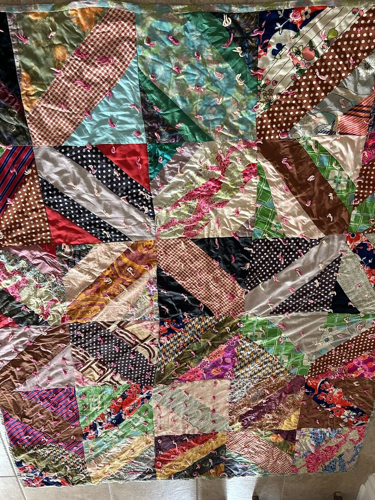 Vintage Crazy Quilt Silks And Cotton Patchwork Granny Cottage Core 69x82”