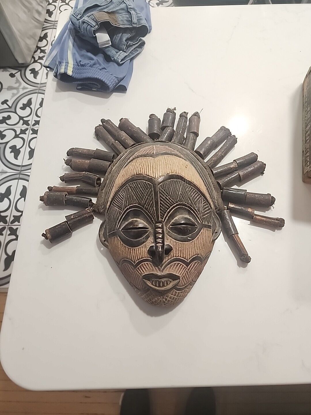 African Tribal  Carved Ceremonially Mask 12” Chokwe Angola Rasta? Beautiful