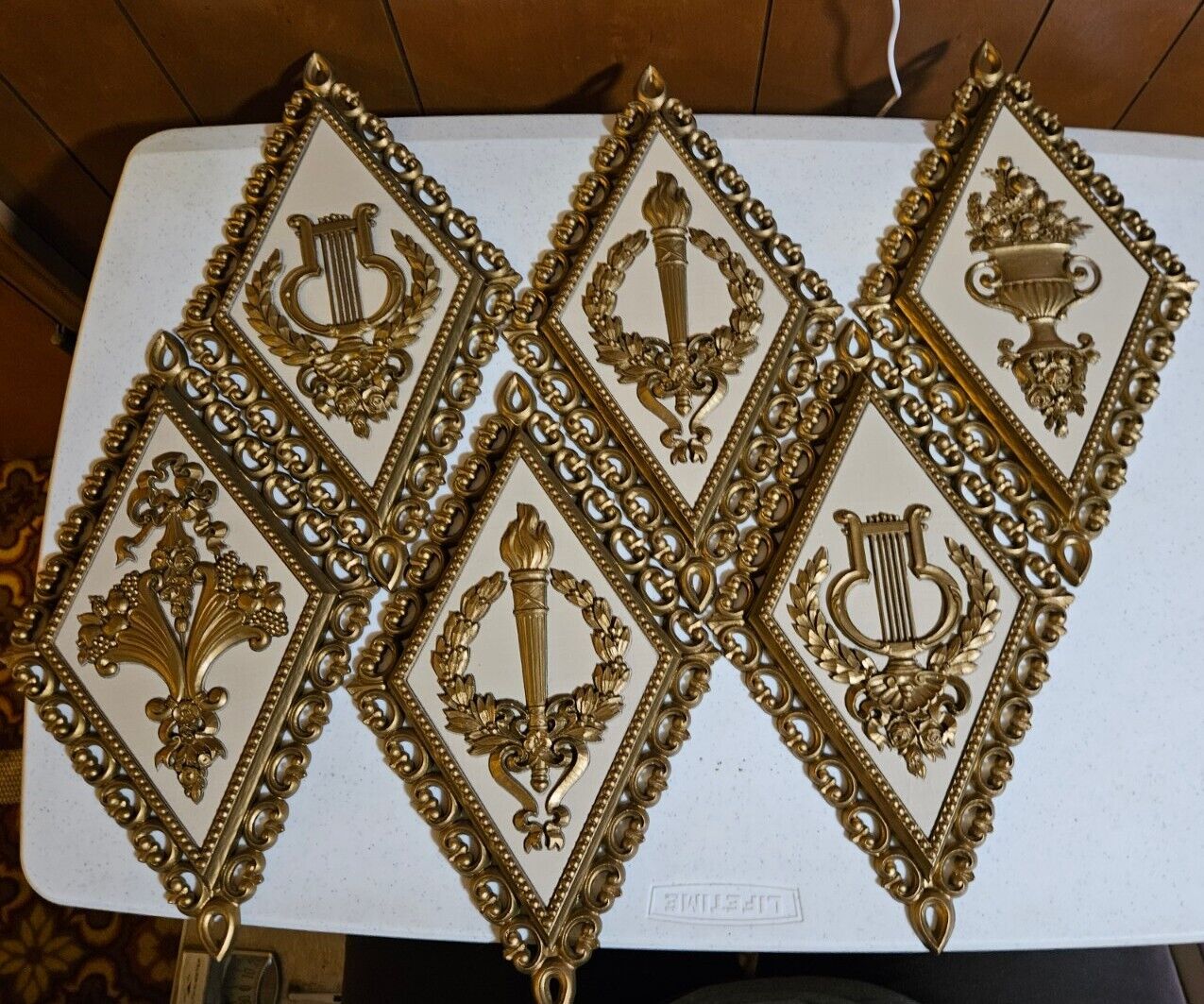 Hollywood Regency Vintage Set Of 6 Diamond Shape Gold Wall Decor Plaques