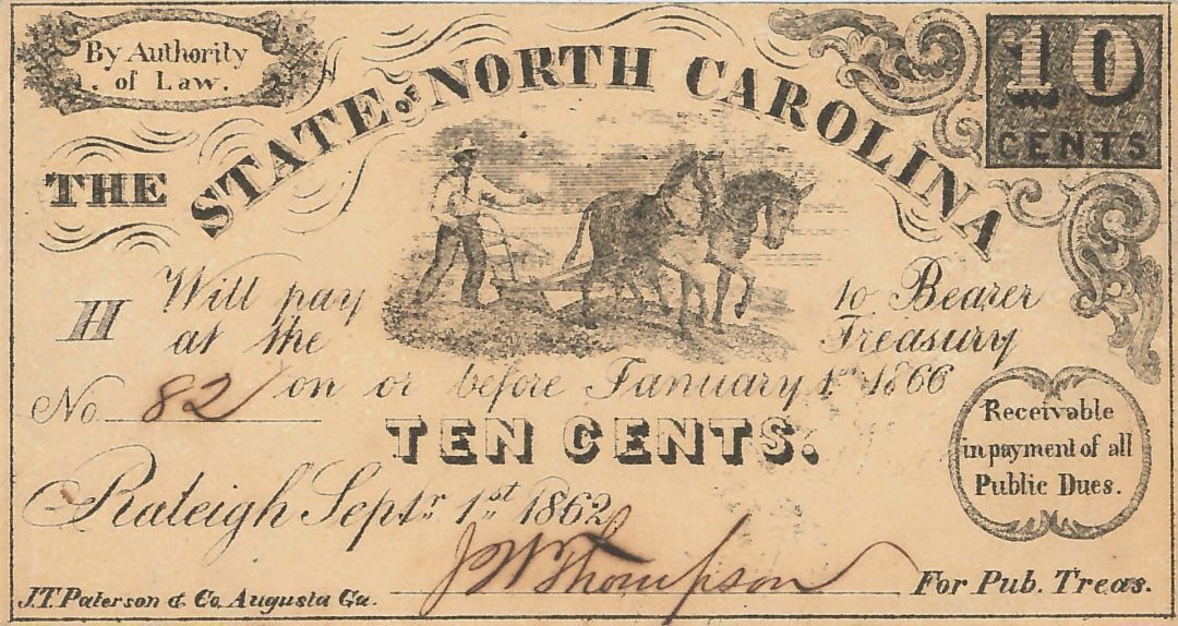 State of North Carolina 10 cents - 1862 dated Obsolete Note - Raleigh, North Car