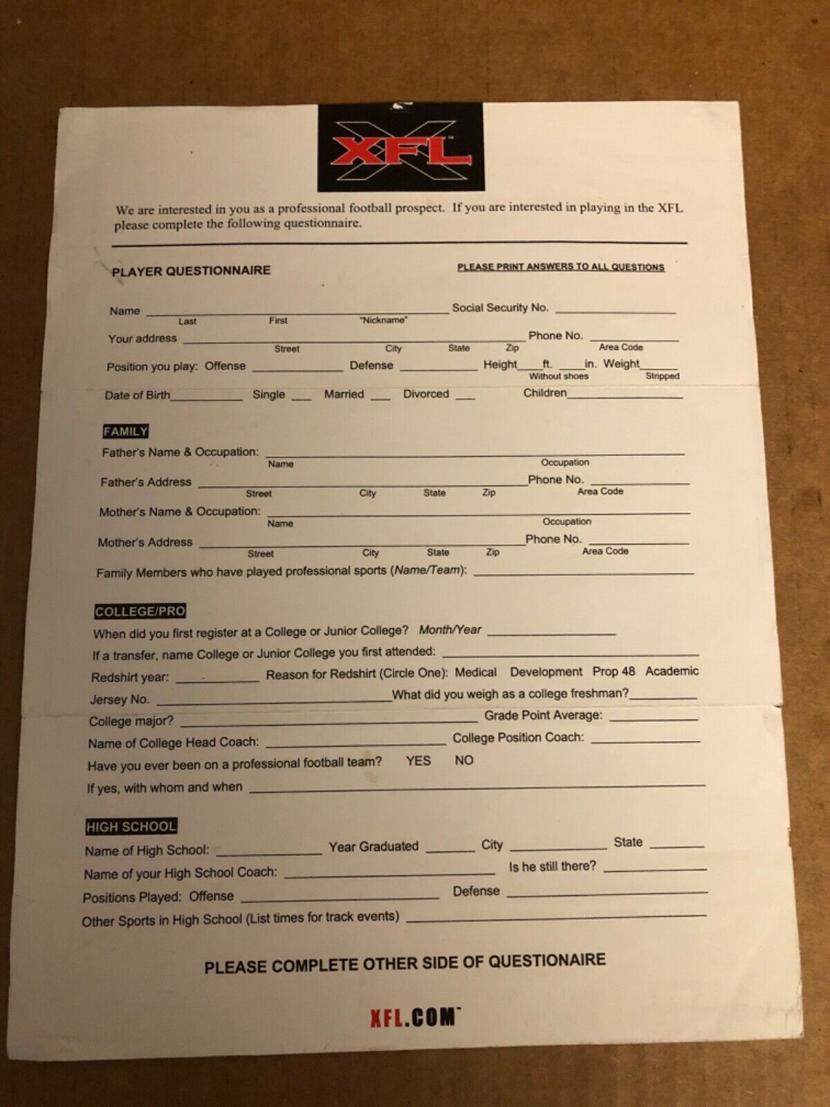 Vintage 2000/2001 XFL Football Application one of a kind WWE Collectible