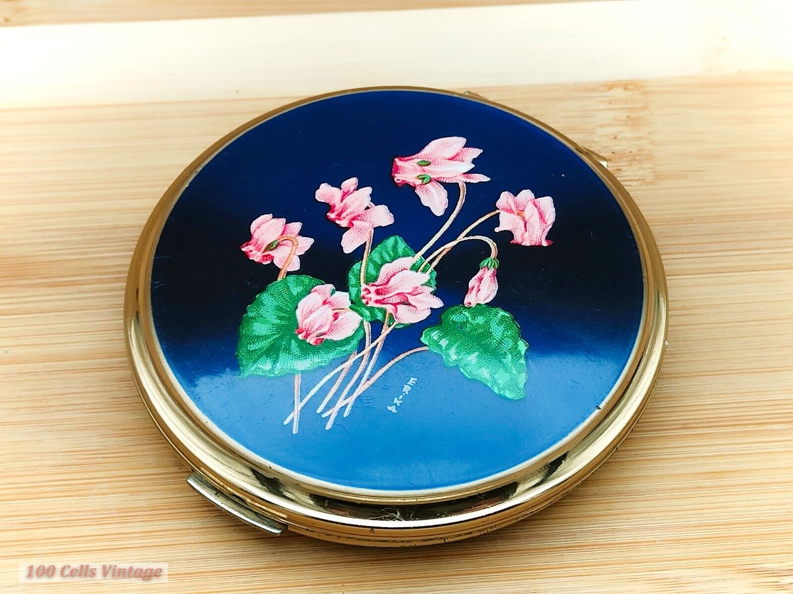 Stratton Blue and Pink Floral-Vintage Ladies Powder Compact -cin