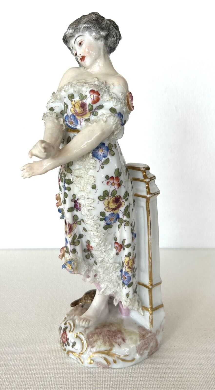 Antique Eugene Marx Clauss Porcelain Figurine Of Woman In Floral Dress - 7.5”H