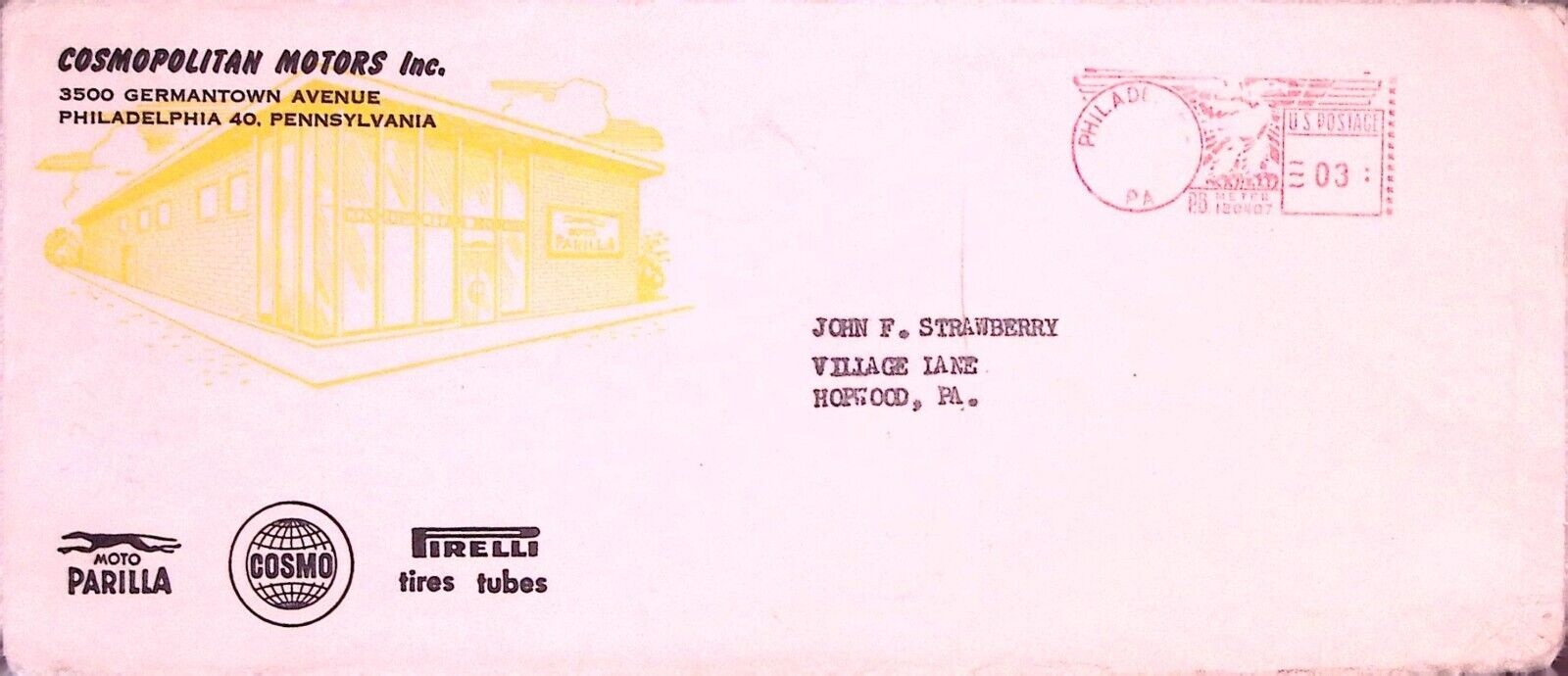 Cosmopolitan Motors Inc Phildelphia PA Envelope Vintage