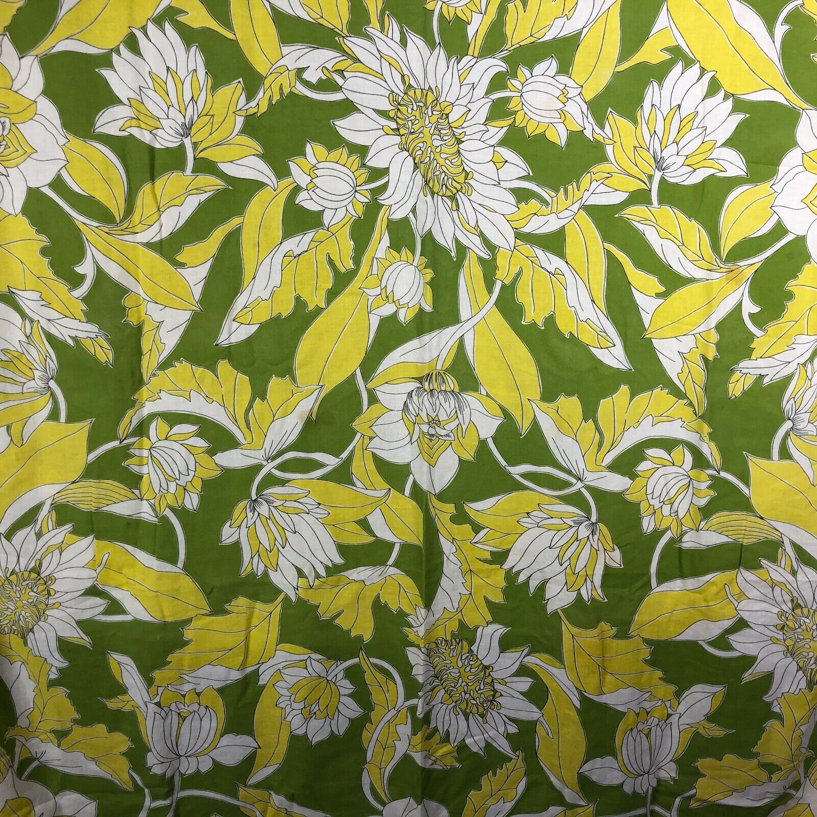 Vintage Sunflower 1950s 60s Tablecloth Retro Chartreuse & Green Bold Floral MOD