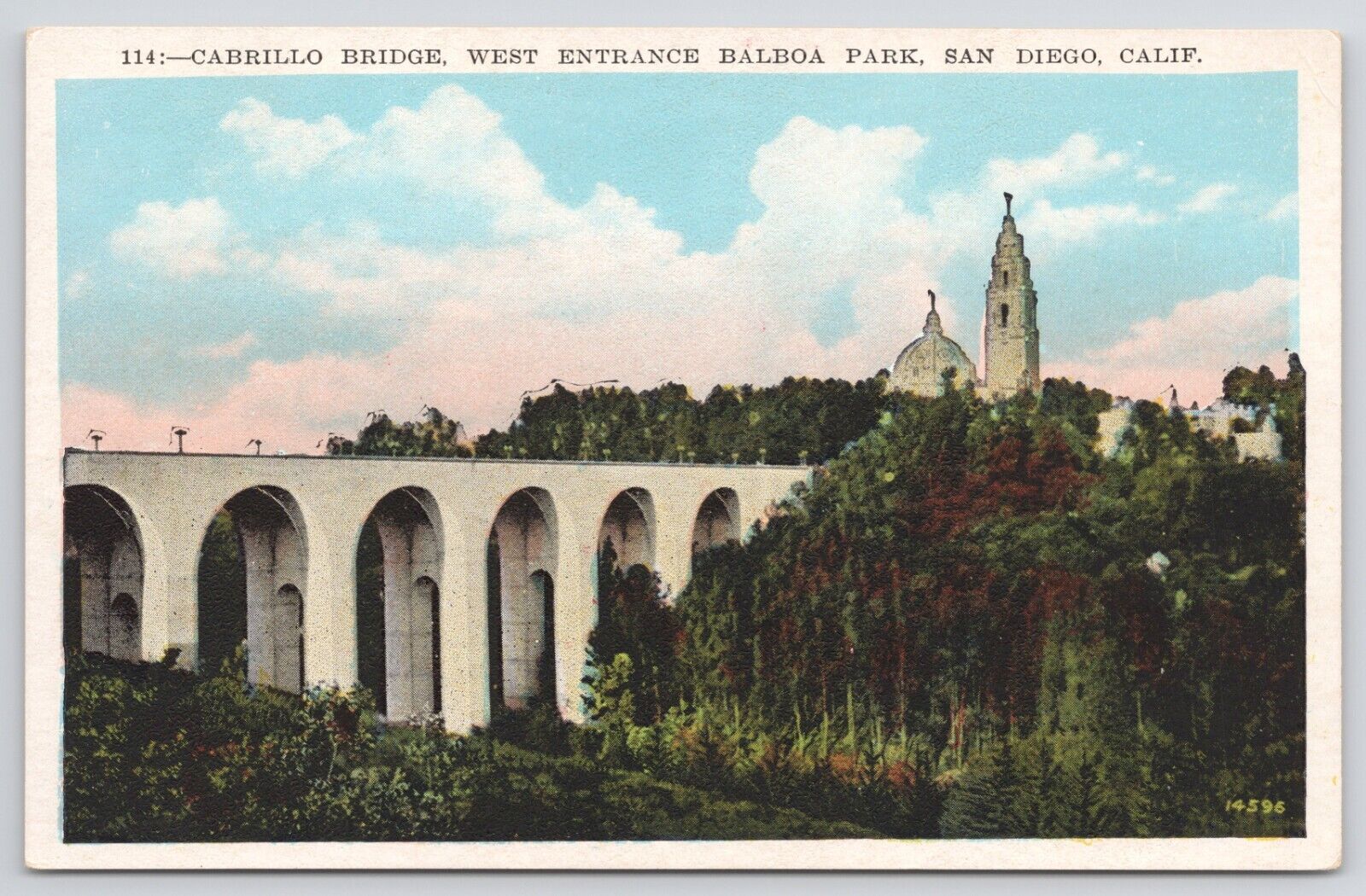 San Diego CA Cabrillo Bridge West Entrance Balboa Park White Border Postcard