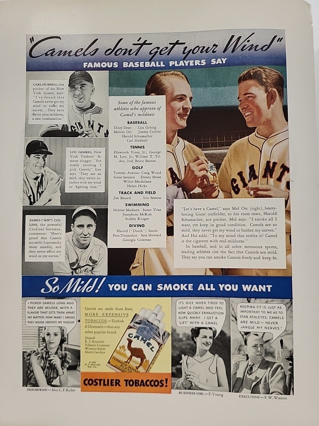 1935 Camel Cigarettes Baseball Fortune Print Ad Lou Gehrig Carl Hubbell Mel Ott