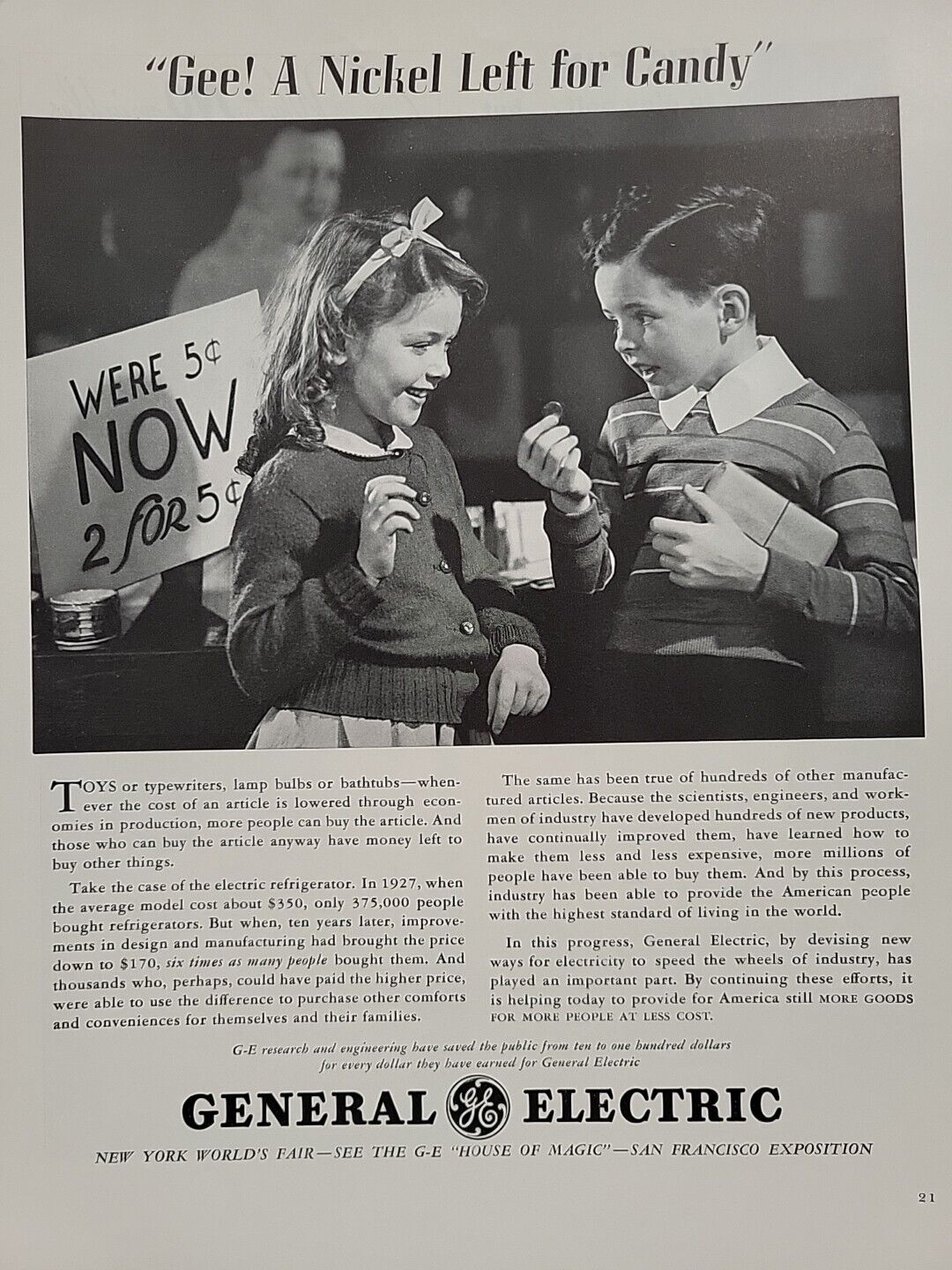 1939 General Electric Fortune Magazine Print Ad New York World's Fair Boy Girl