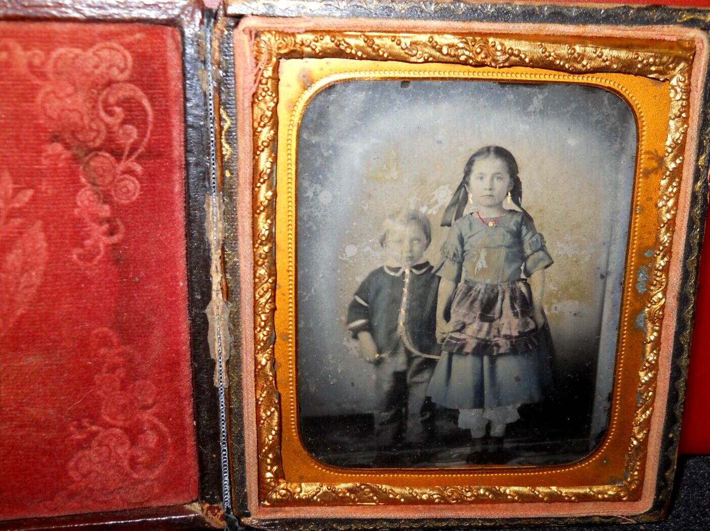 1/6th size Ambrotype of two siblings in full case