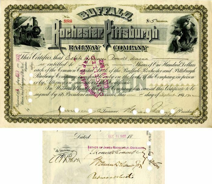 Buffalo, Rochester and Pittsburgh Railway Co. signed by J. Roosevelt Roosevelt -