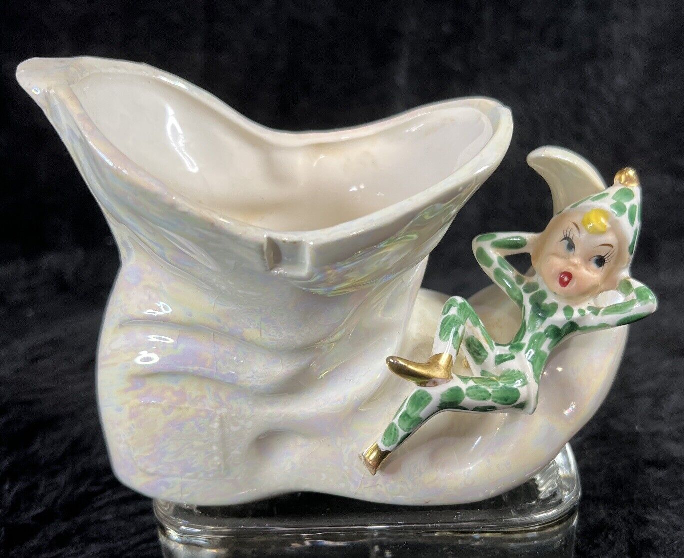 Vintage MCM Lefton/ ESD Holly Leaf Elf Pixie Figurine Planter Vase Broken Foot