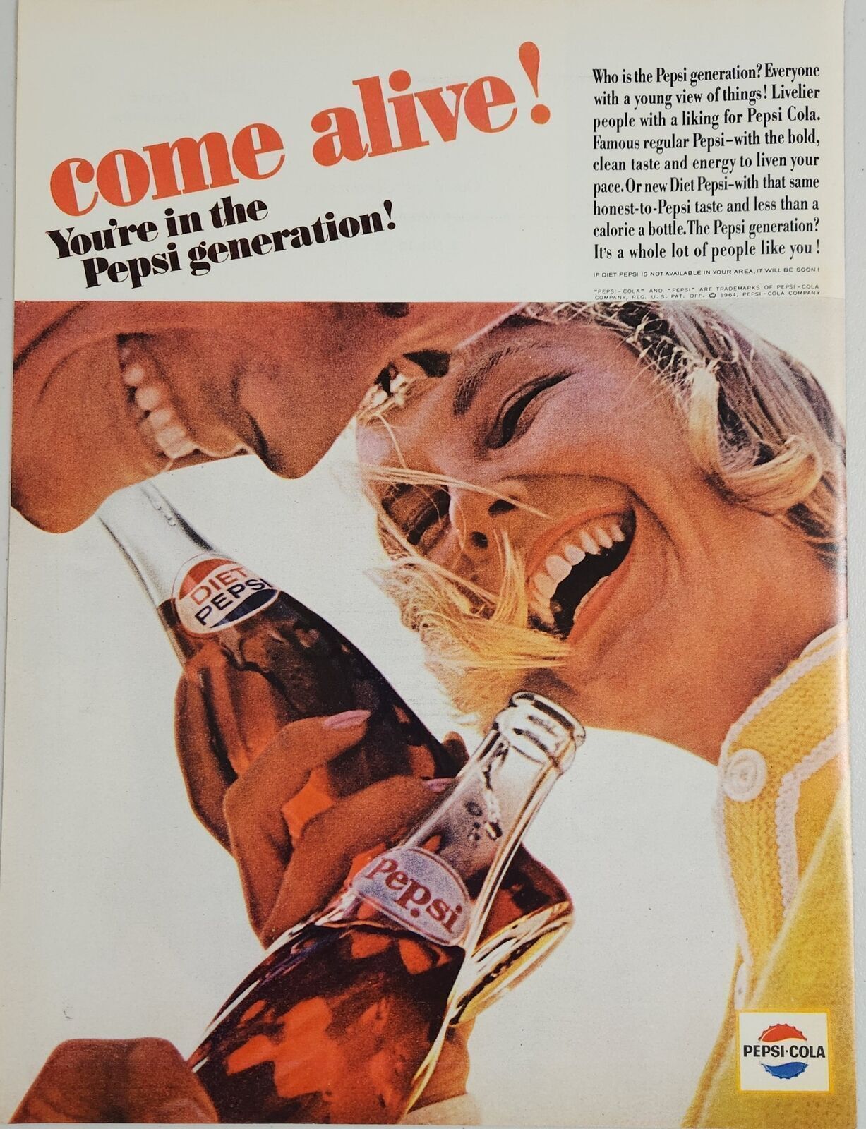 1964 Print Ad Pepsi & Diet Pepsi Cola in Bottles Happy Couple