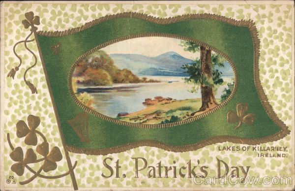 St. Patrick 1918 St Patrick\'s Day-flag and painting-Lakes of Killarney,Ireland.