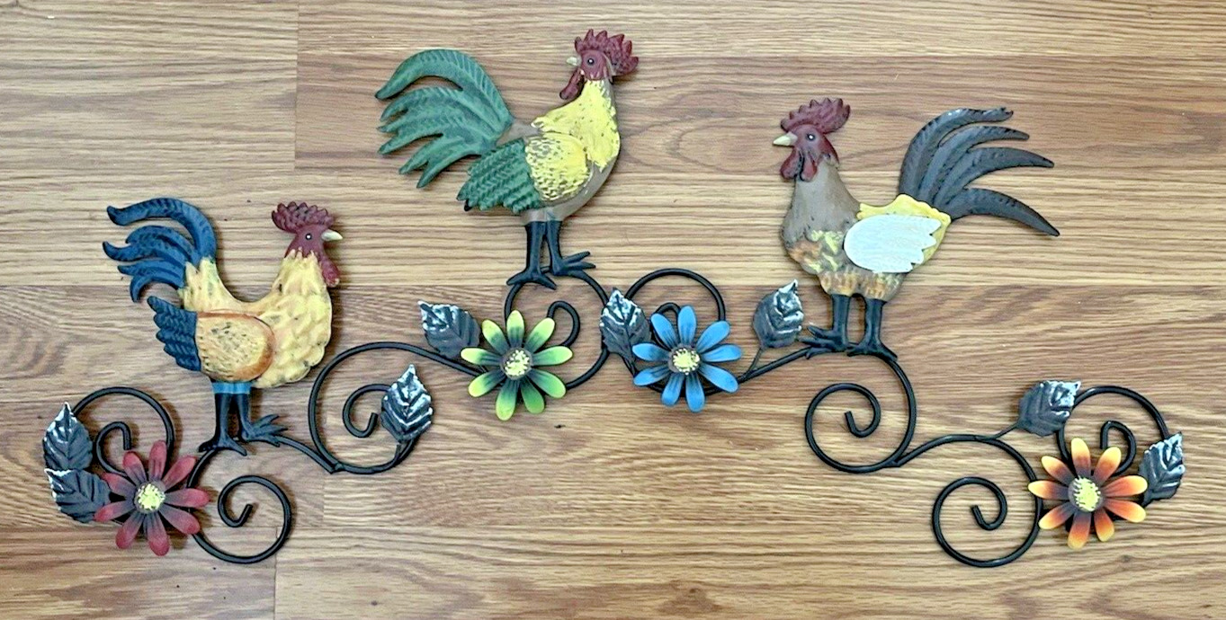Vintage Metal Rooster Chicken Wall Decor w/ Flowers