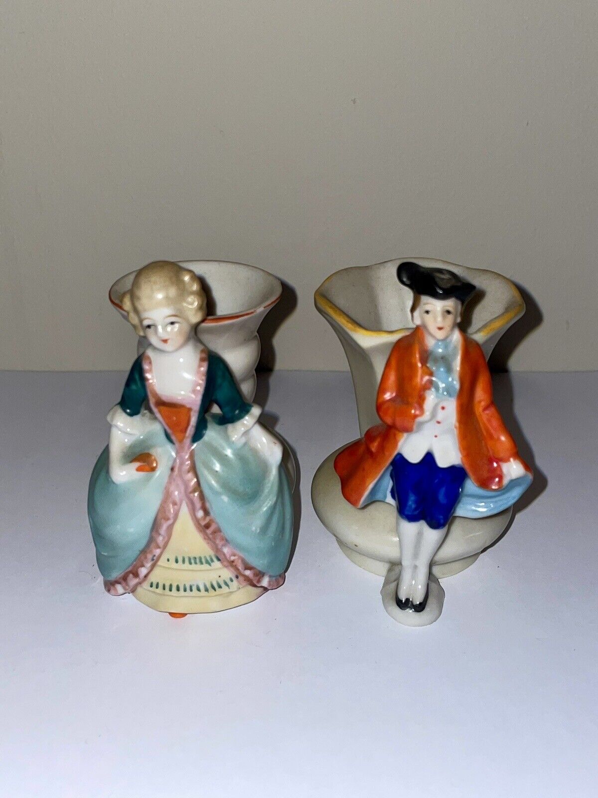 Vintage MCM Painted Porcelain Victorian Man Lady Bowl Figurines Lot of 2 JAPAN
