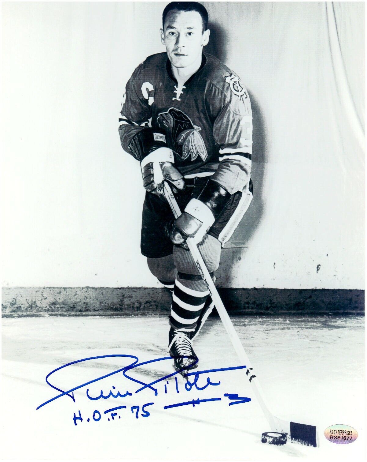 Pierre Pilote- Blackhawks- Autographed 8 x 10 Photo With HOF 75 Inscription
